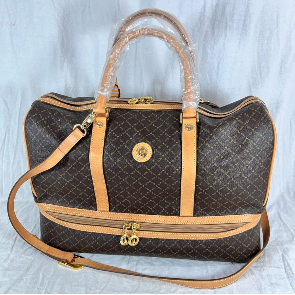 LA TOUR EIFFEL Brown Canvas Tan Leather Travel Duffel Bag, fits economy flights